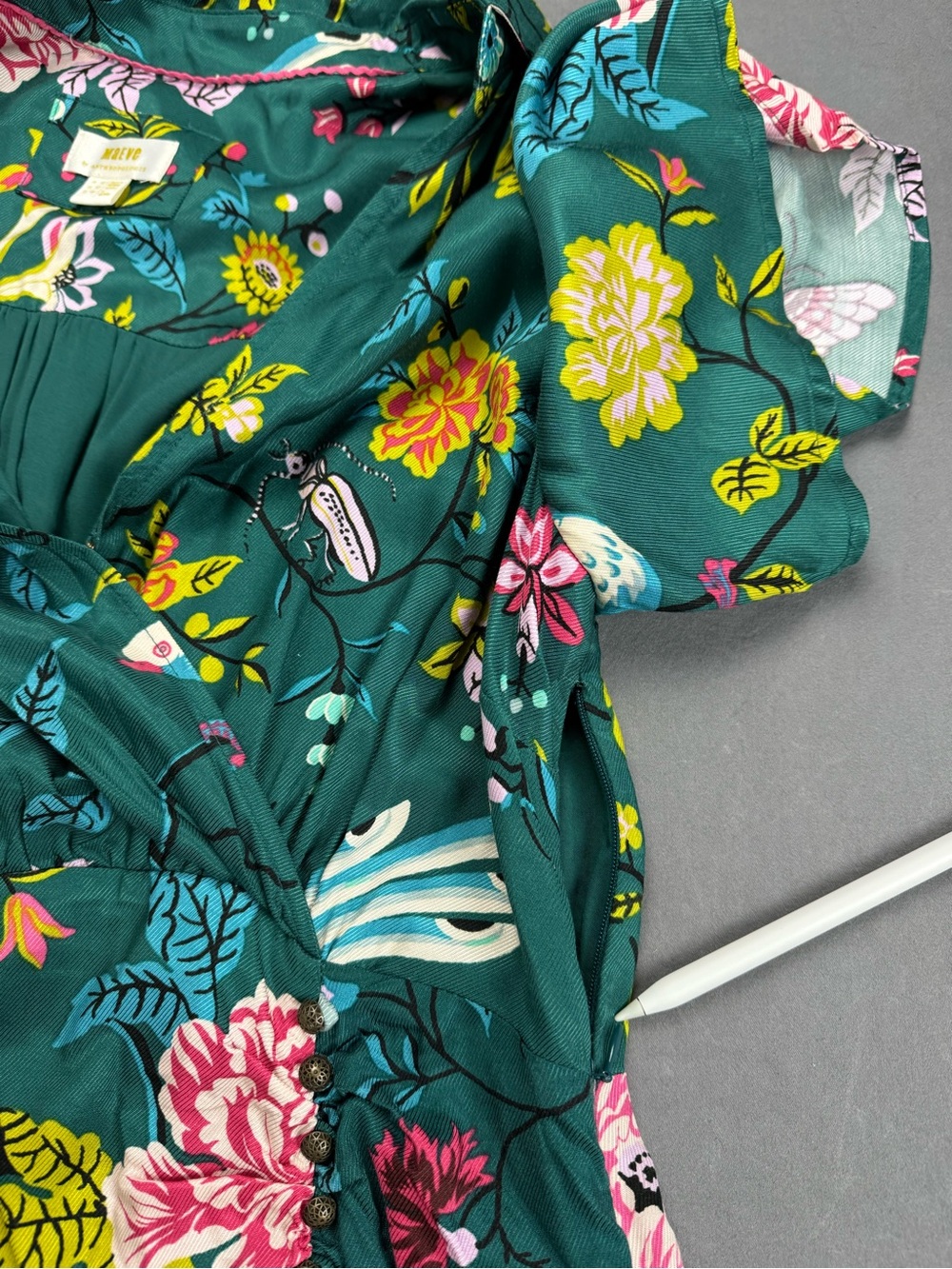 Maeve by Anthropologie Buttonfront Shirt Dress Green Botanical Birds Size 12 - Picture 9 of 16